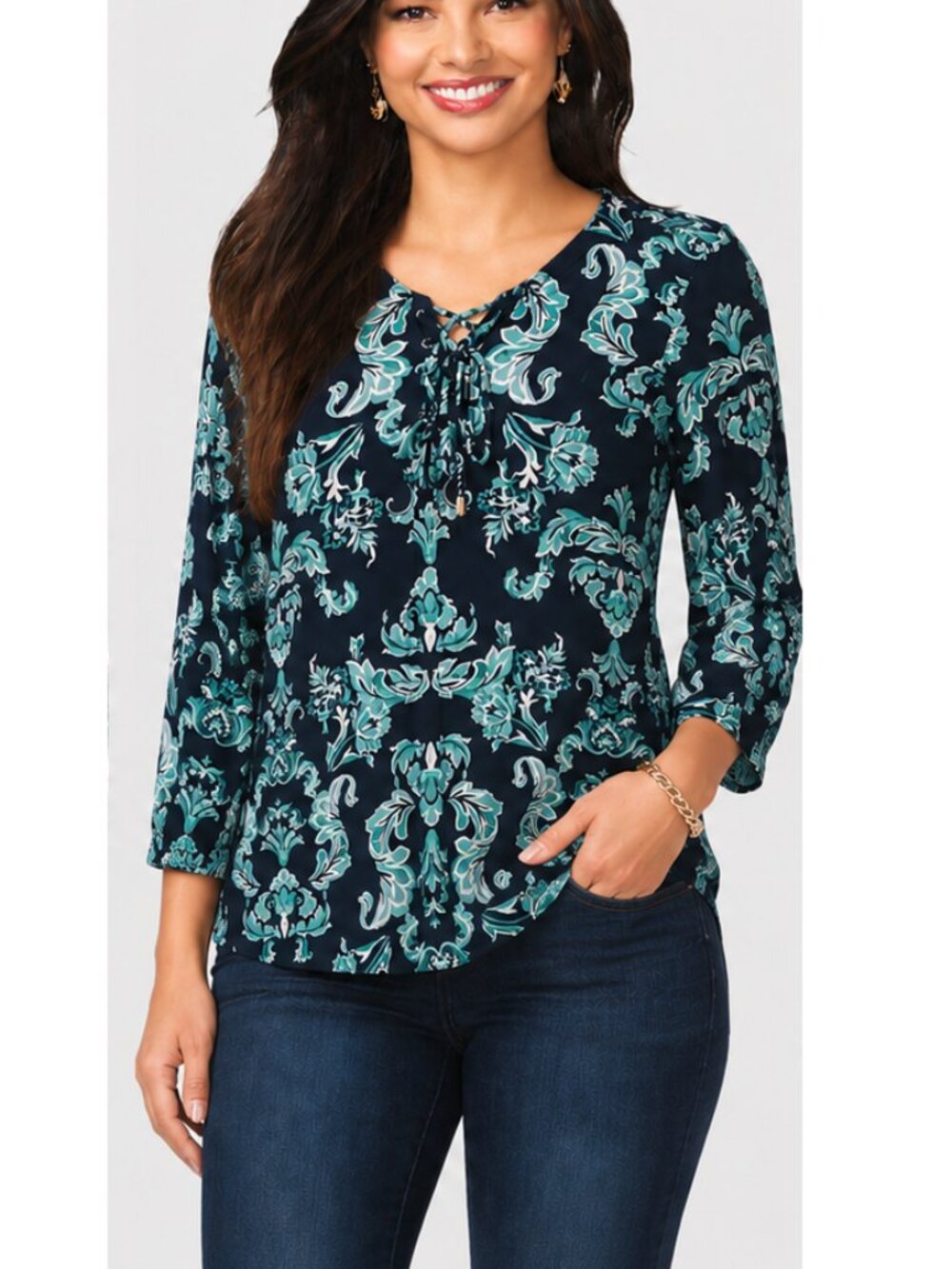JM Collection, Navy Floral Tie-Front Tunic with Teal & White Accents